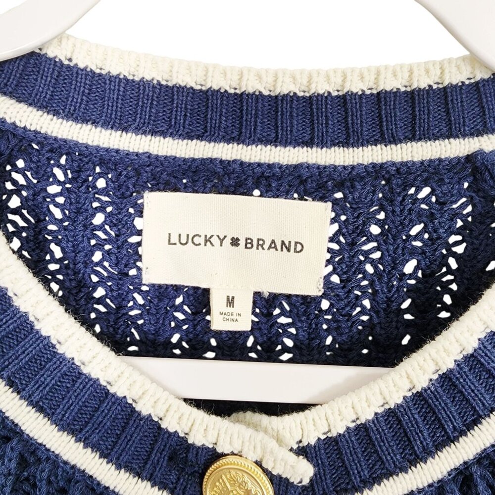 Lucky Brand Navy & White Knit Button Cardigan Sweater Womens M Lightweight New - Picture 2 of 7